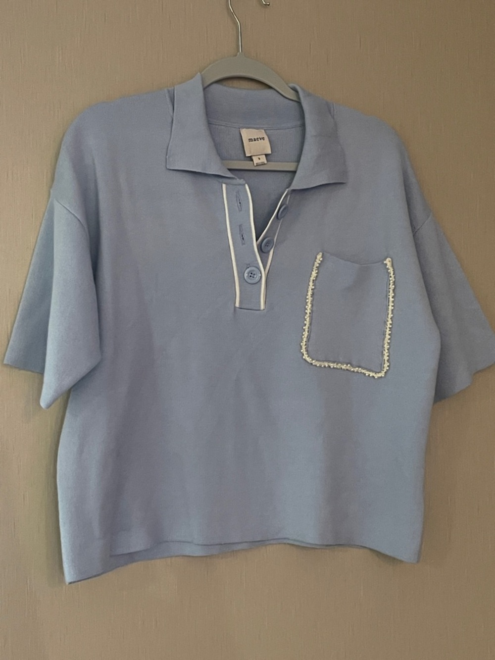 Maeve small oversized Pale Blue Short-Sleeve Knit Polo with Trimmed Pocket